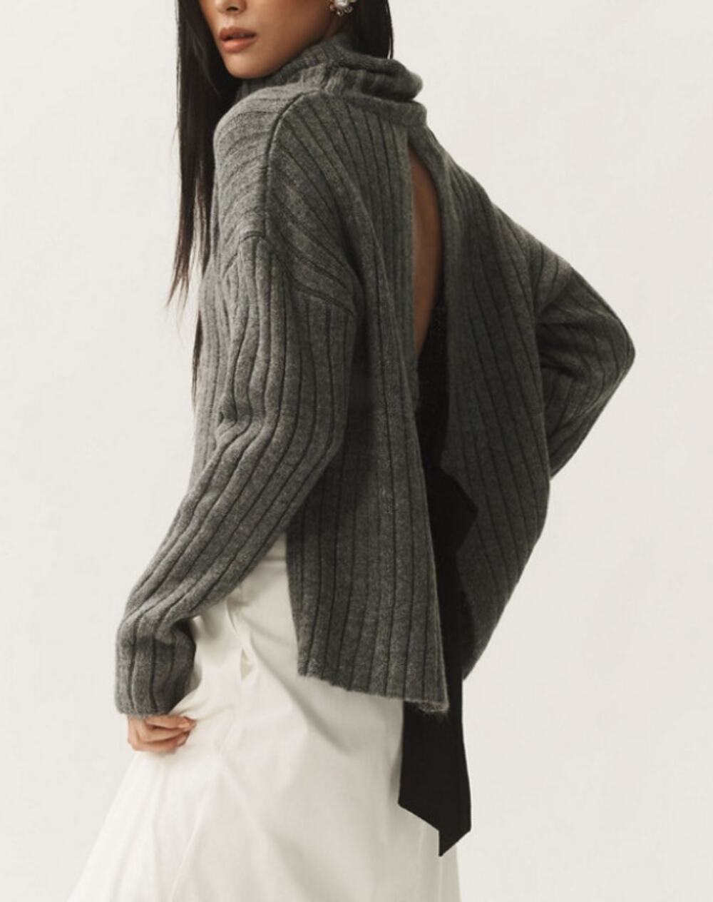 Maeve Anthropologie Long Sleeve Tie Open Bow Back Turtleneck Sweater Gray Medium
